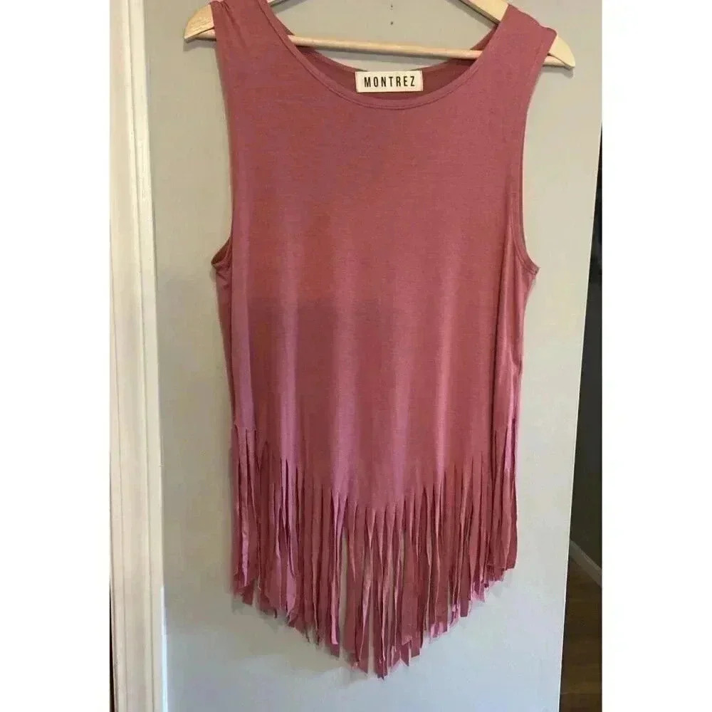 Montrez Fringe Tank Top Western Mauve Pink Boho Size S/M Beach‎ Vacation Y2K 90s